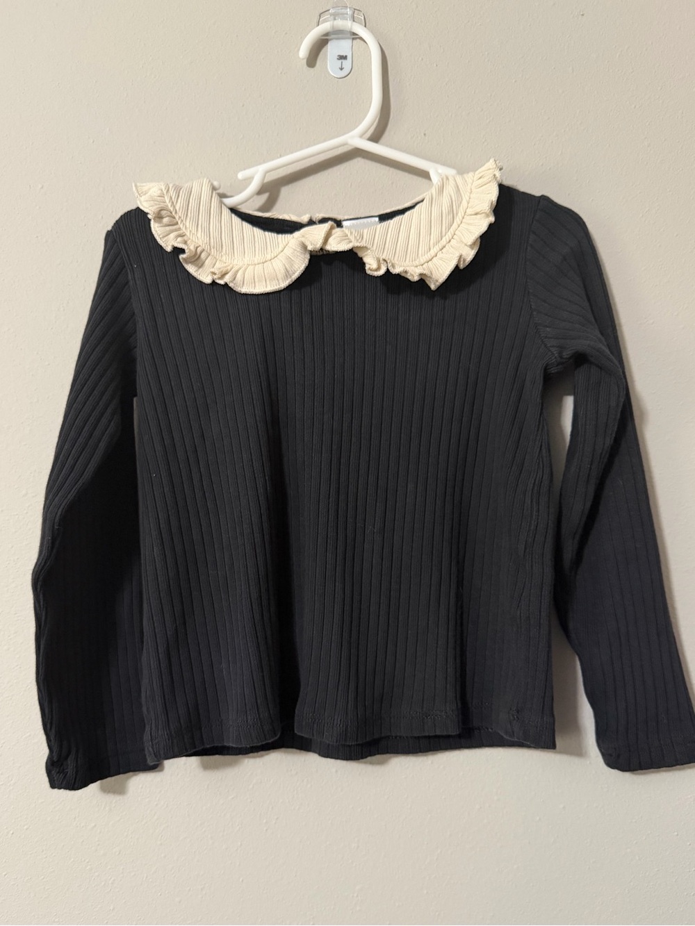 Zara Girls Black Ribbed Long Sleeve Top  Cream Ruffle Peter Pan Collar Size 5Y